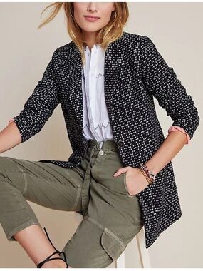 Anthropologie Filipa Textured Blazer Black White 100% Cotton Size XS